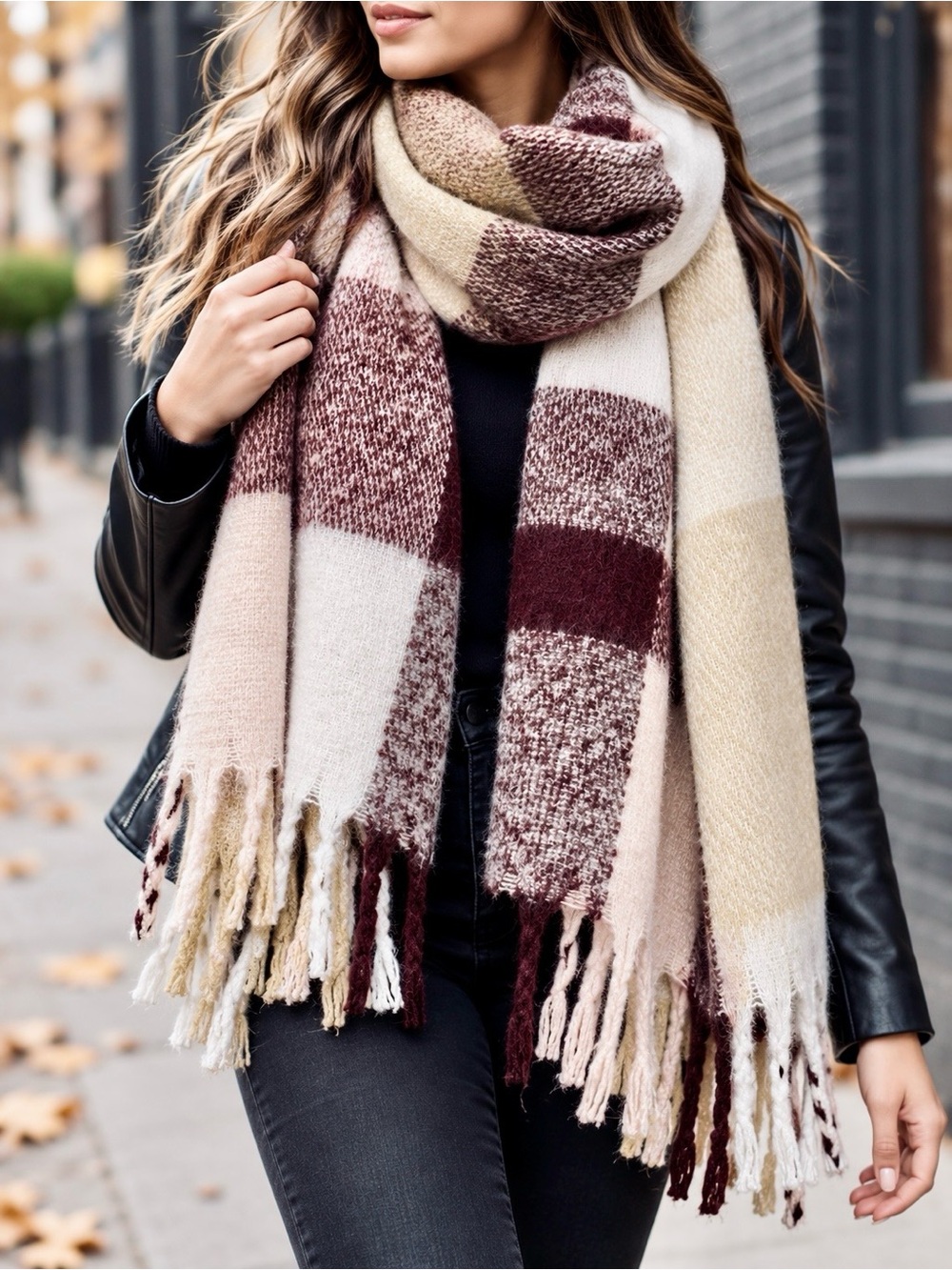 Lucky Brand Plaid Blanket Scarf Burgundy Cream Fringe Oversized